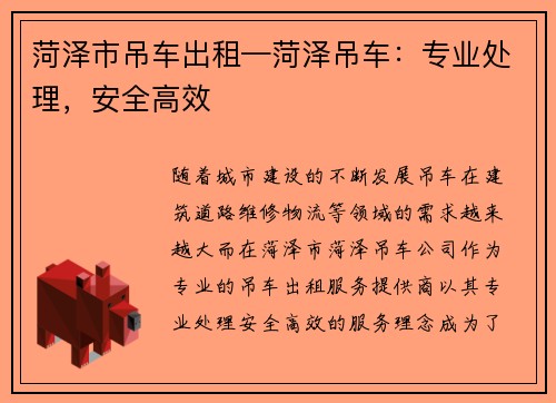 菏泽市吊车出租—菏泽吊车：专业处理，安全高效